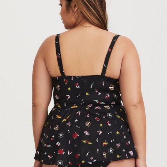 Torrid Underwire Push Up Peplum One Piece Swimsuit Size 1 1X Black Tattoo Dagger - Picture 2 of 9